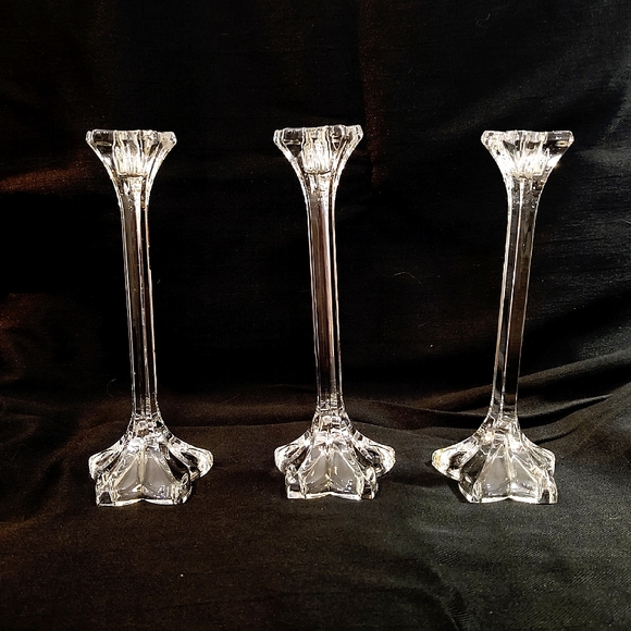 3 Vintage Tall Crystal Flower Candlesticks